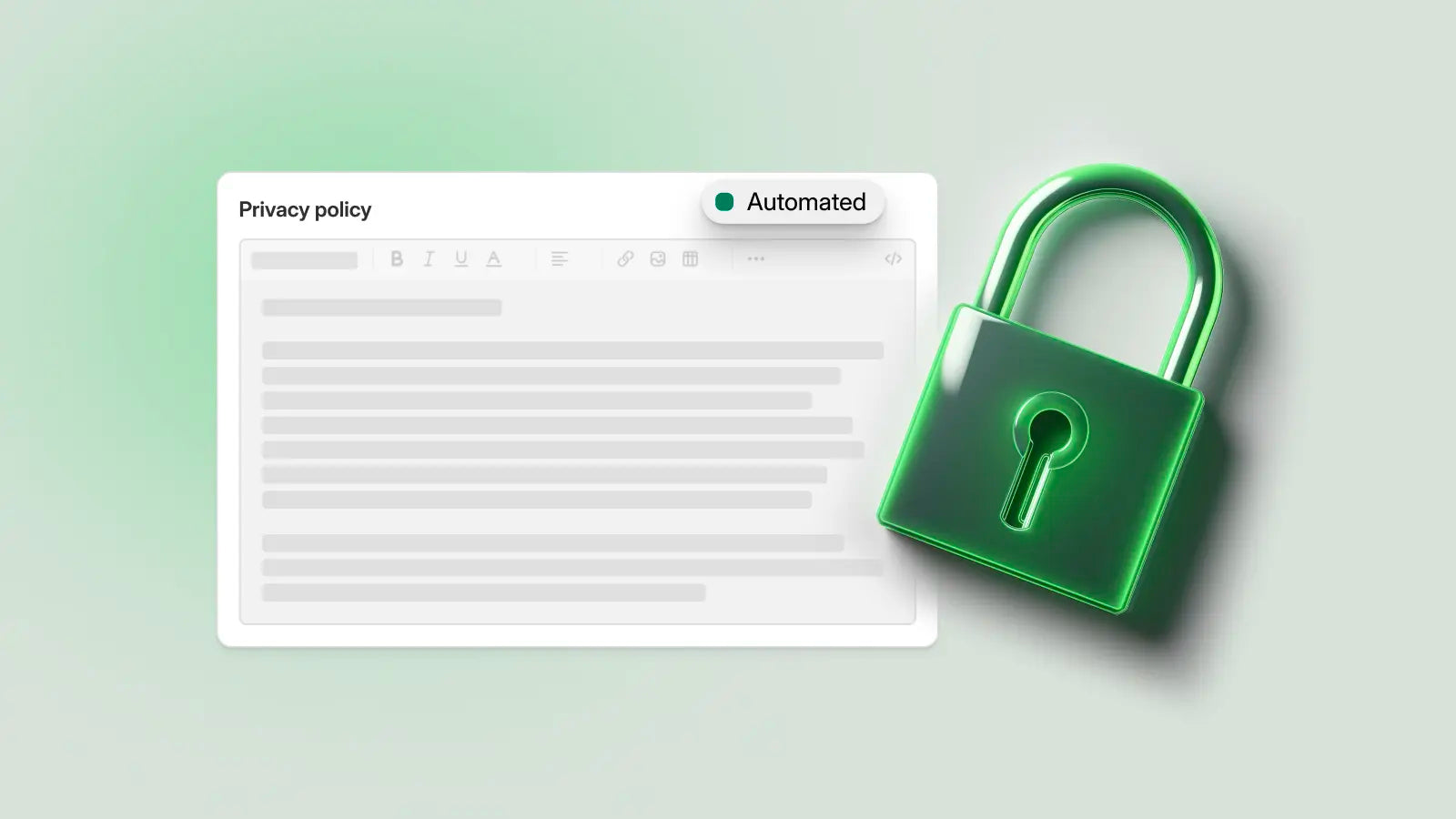 Ilustración de un documento de Política de privacidad con texto de marcador de posición, acompañado de un icono de candado verde que simboliza la seguridad.