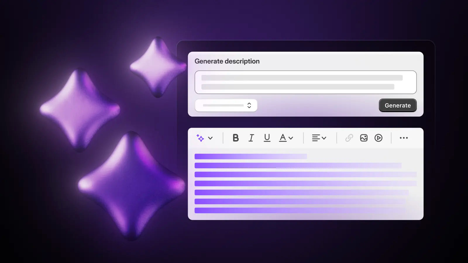A purple interface with a text box that says "Generate description" and a text editor with formatting options.