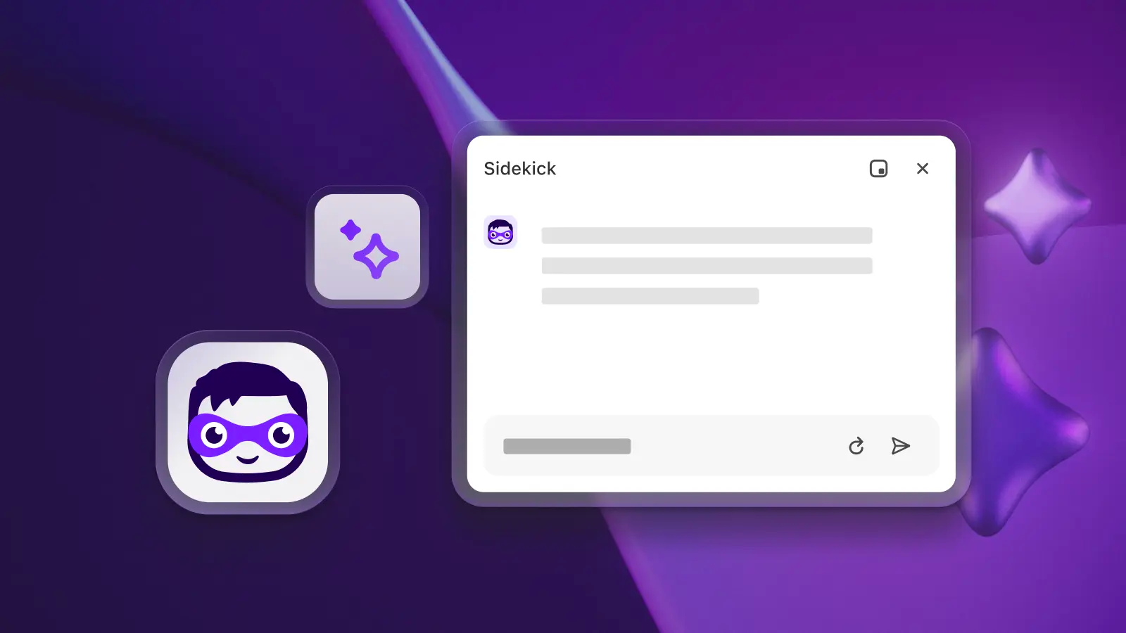 Illustration of a dialogue box labeled "Sidekick" with placeholder text, illustrating its role in providing AI-generated suggestions and guidance within a user-friendly interface.