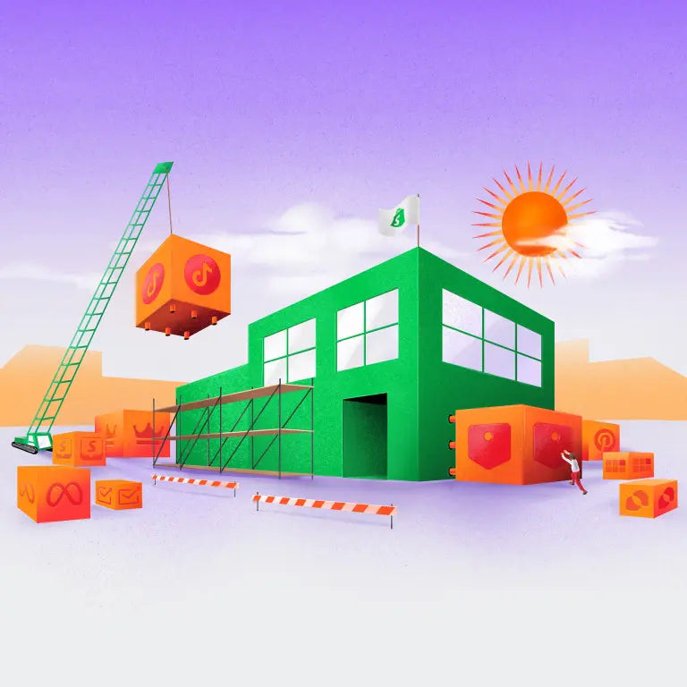 Ilustracja przedstawiająca sklep w budowie w otoczeniu pudeł, rusztowań i dźwigu. Na każdym z pudeł widnieje logo innej aplikacji.