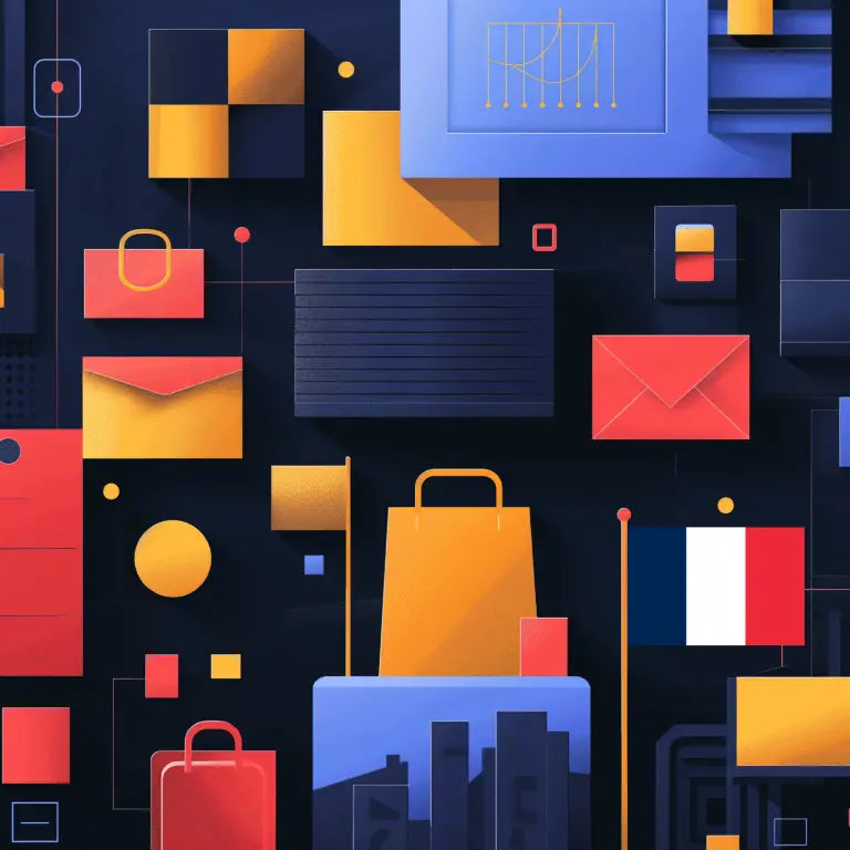 An abstract collection of shapes and app iconography with commerce items and a regional flag.