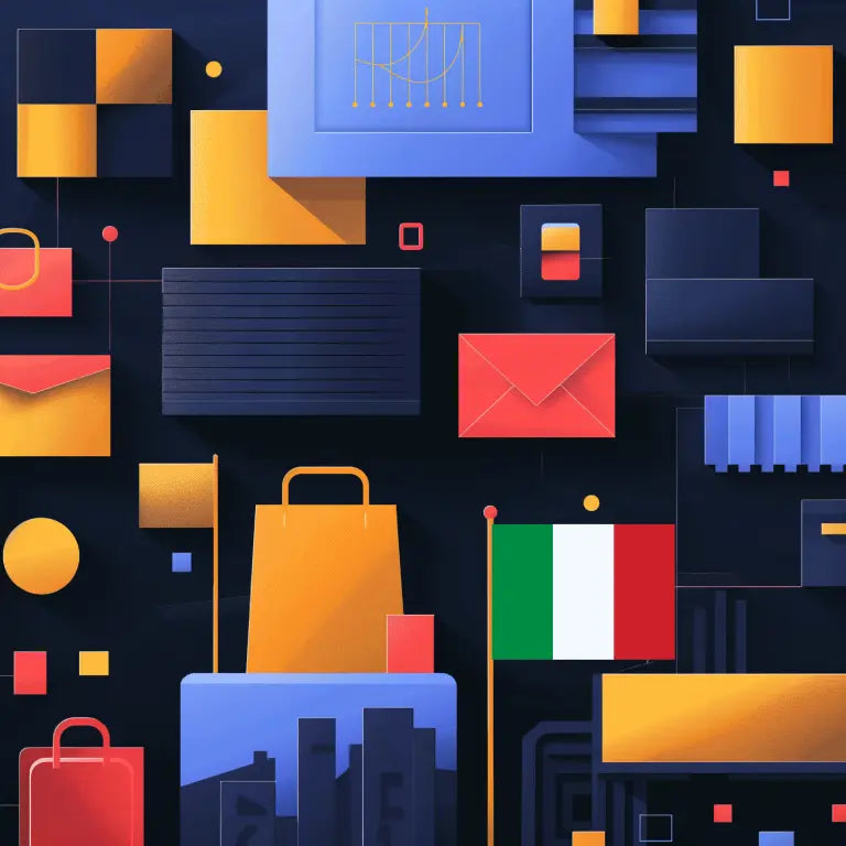 Uma coleção abstrata de formas e iconografia de apps com itens de e-commerce e uma bandeira regional.