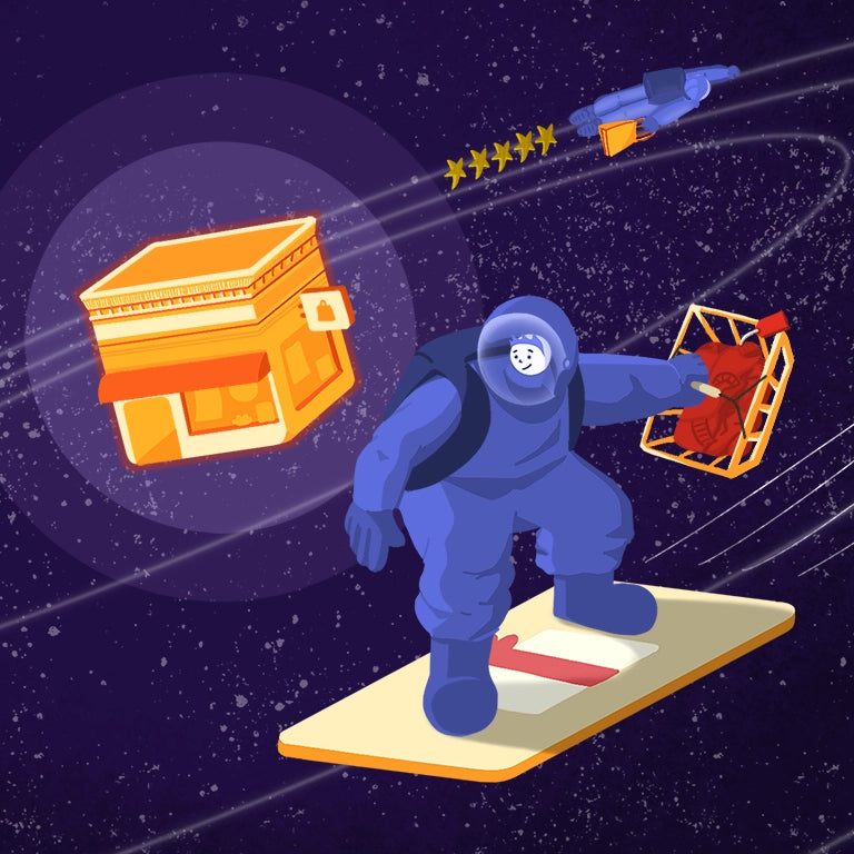 An illustration of astronauts orbiting a store floating in space.