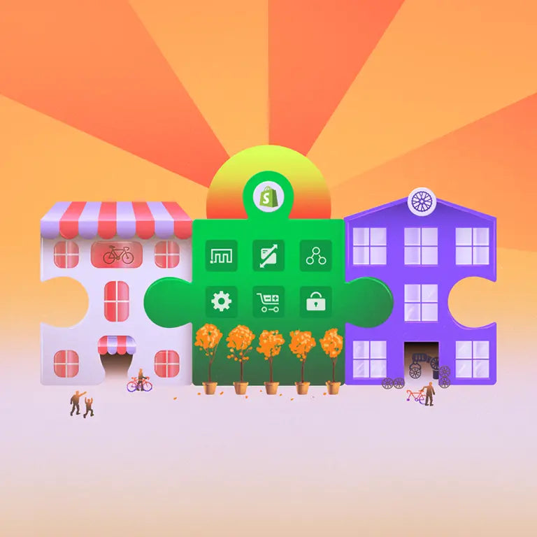 Illustration af tre puslespilsbrikker, der repræsenterer Shopify, der skaber forbindelse mellem en producent og en fysisk butik.