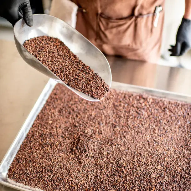 A person scooping cacao nibs.