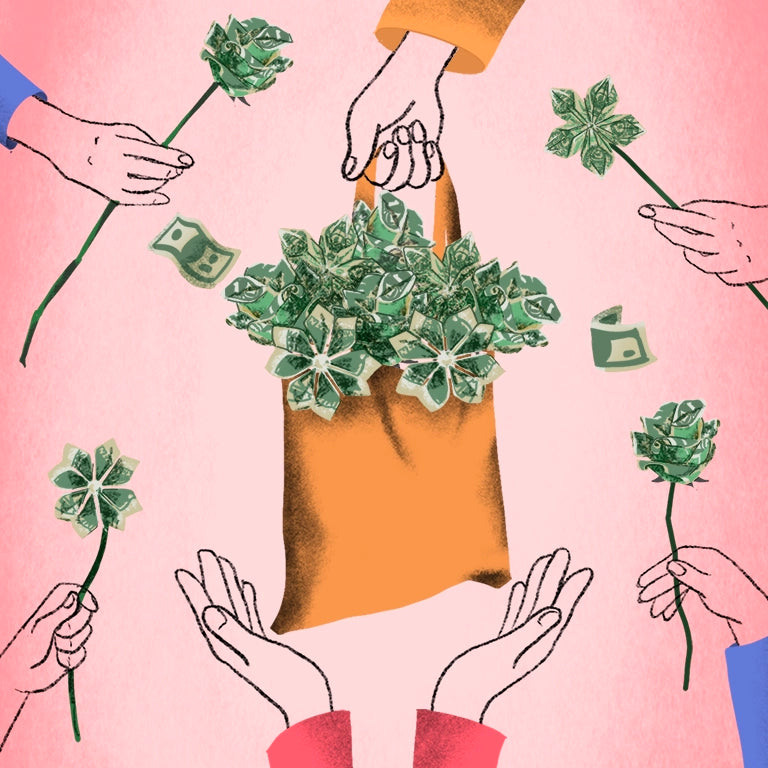 Die Abbildung zeigt eine Person, die eine Tüte voller zu Blumen gefalteter Dollar-Scheine überreicht. Hände fügen weitere zu Blumen gefaltete Dollar-Scheine hinzu.