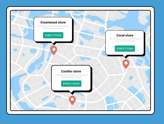 Interface stylisée montrant l’emplacement de trois boutiques sur une carte