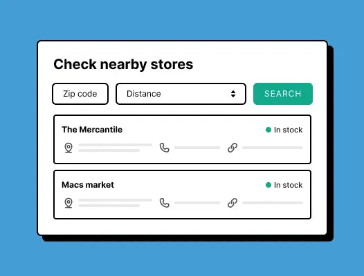 Interface estilizada com uma pesquisa de localização que inclui código postal e distância.
