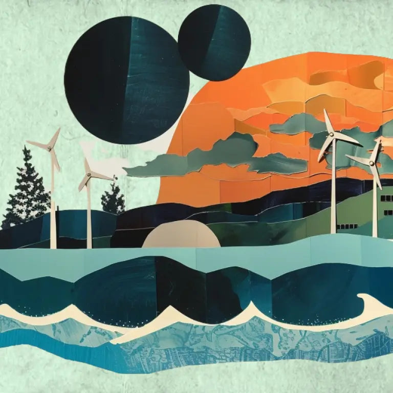 A collage-like outdoor scene of a building by the ocean with hydro power and wind turbines.