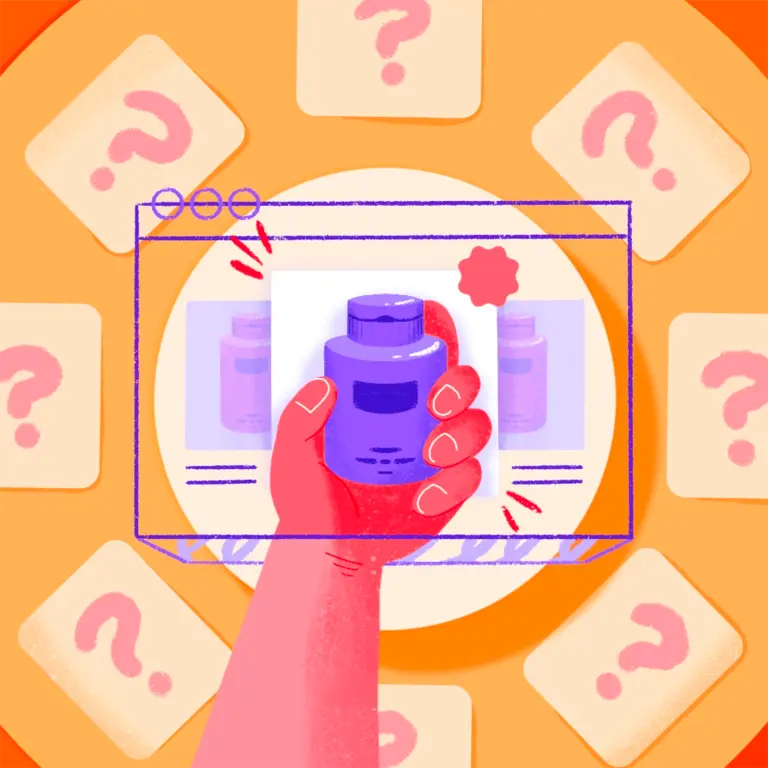 Illustration of a hand holding a product inside of an online store. The online store is surrounded by question cards.