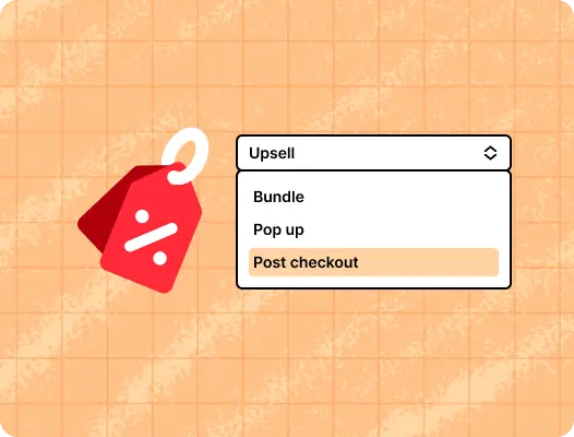 Uma tag de desconto ao lado de um menu suspenso com as opções Upsell, Pacote, Pop-up e Pós-checkout.