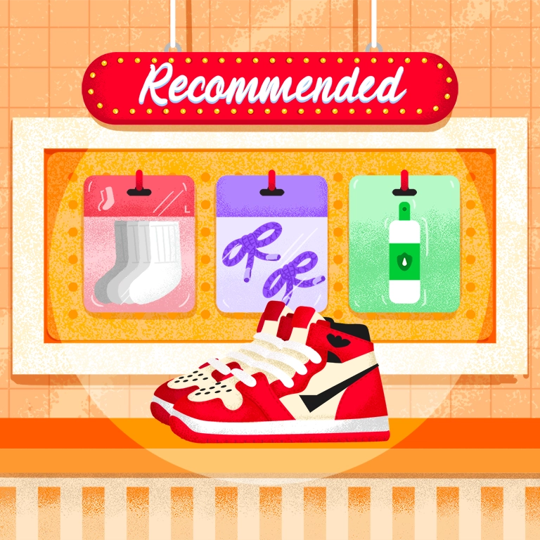 Ilustrace páru bot na pokladně se třemi doporučenými produkty zavěšenými za nimi. Na produkty ukazuje člověk.
