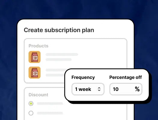 Interface estilizada que seleciona a frequência e a percentagem de desconto de um plano de subscrição.