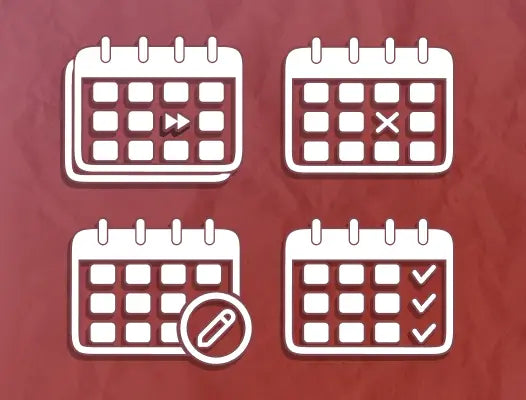 Cztery ikony kalendarza przedstawiające czynność pominięcia, anulowania i edycji, kończącą się pomyślną cotygodniową subskrypcją.