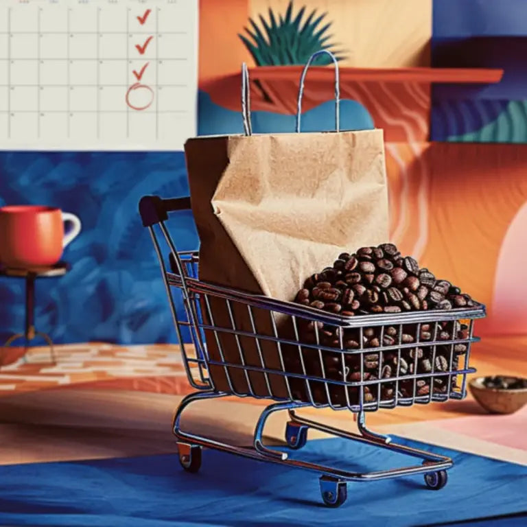 A miniature shopping cart filled with a recurring coffee bean subscription, sits prominently in front of a calendar and vivid collage background.