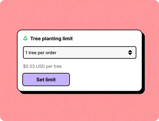UI met een dropdownmenu met een limiet voor het aantal te planten bomen. De weergegeven prijs is 0,33 USD per boom.