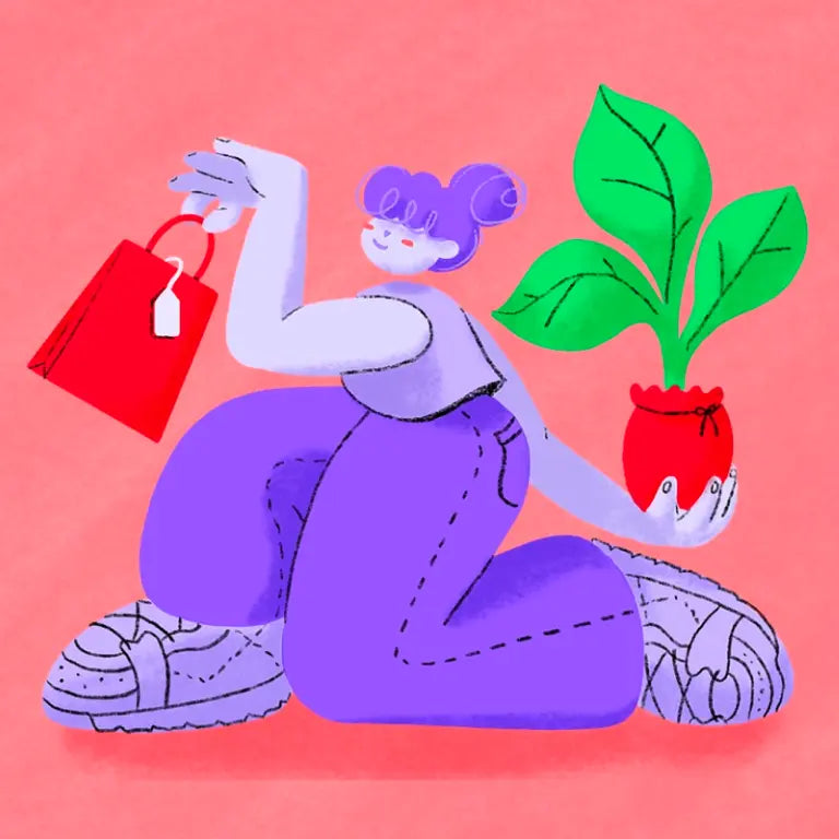 Illustration of a woman holding a shopping bag in one hand and a potted seedling in another surrounded by trees.