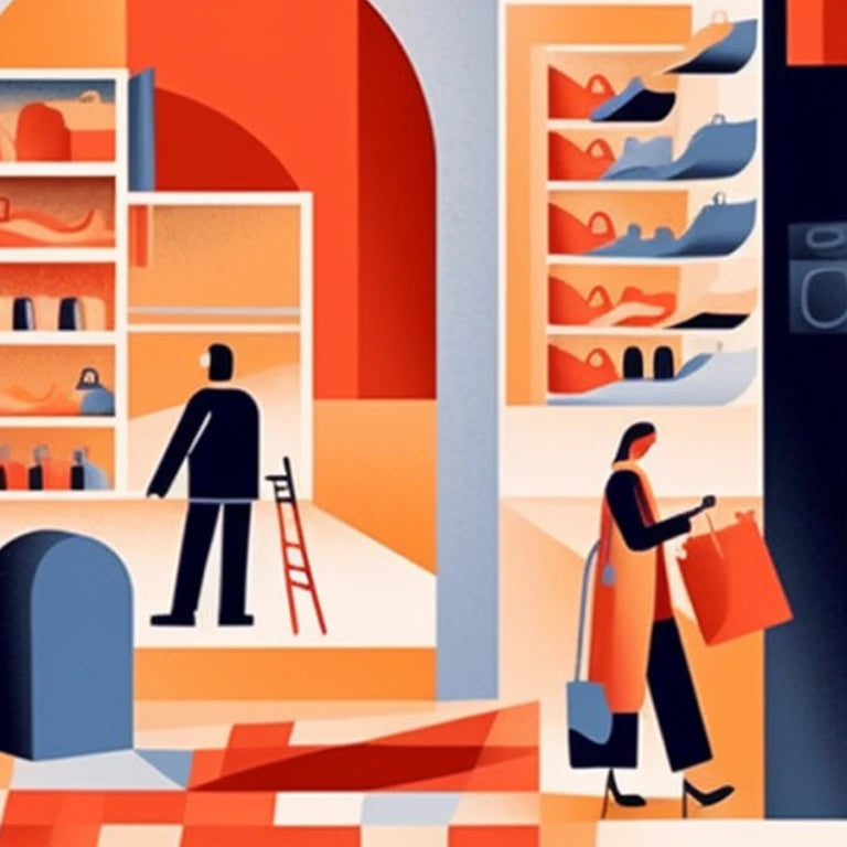 Stylized geometric illustration of modern shoppers enjoying in-store and at home retail experiences.