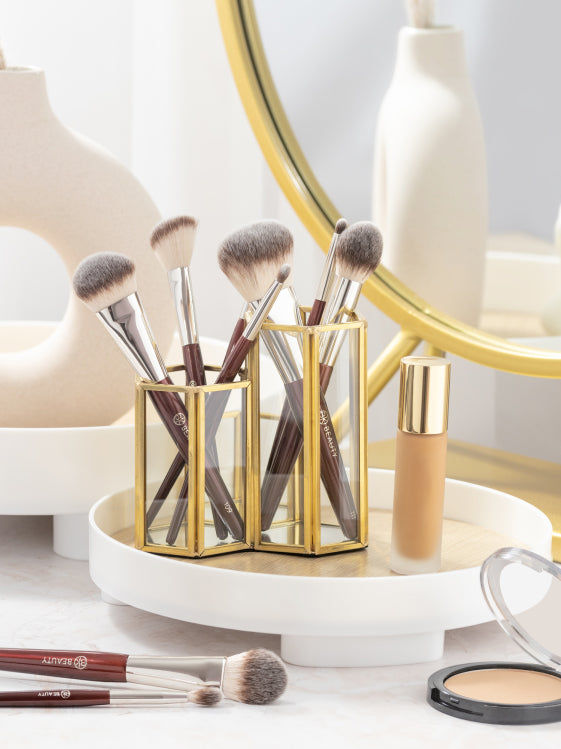 A range of BK Beauty’s brushes and beauty products on a countertop