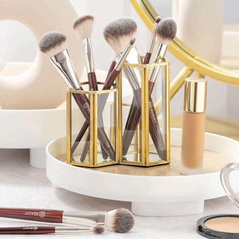 A range of BK Beauty’s brushes and beauty products on a countertop